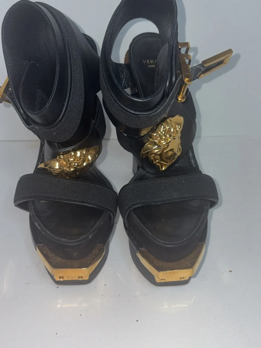 Versace Black Platform Heels with Gold Medusa Plaques